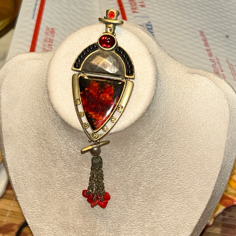 Chico's Red and Gold Pendant Necklace Articulated